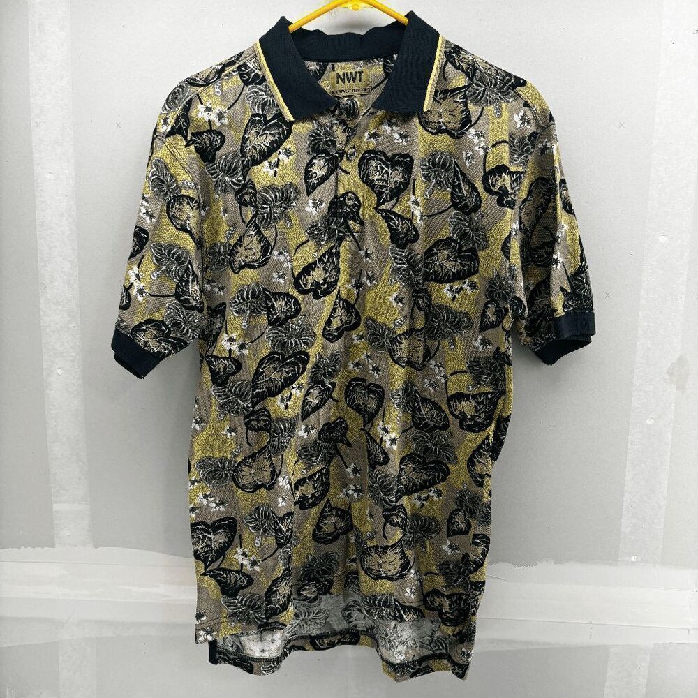 Vintage Northwest Territory Natural Polo Mens M Floral & Leaves all Over EUC